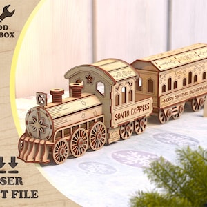 Kersttrein: lasergesneden bestanden. Lasergesneden patroon van de kerstman Express-trein. Kerstdecoratie DXF Ai CDR-indelingen. Kerstsjabloon SVG