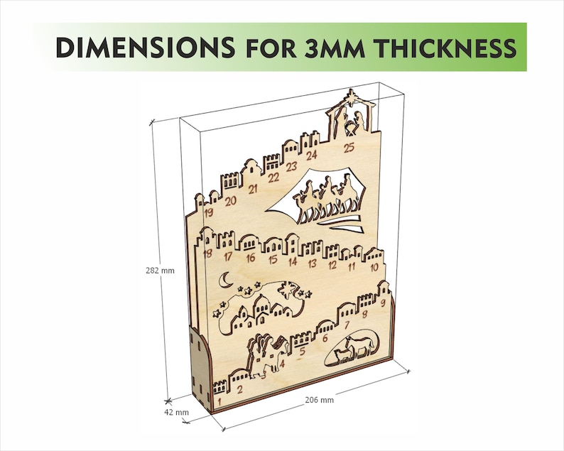 Op de afbeelding: Houten adventskalender met lasergesneden stad- en kerststalontwerpen. De kalender is 28,2 cm hoog, 20,6 cm breed en 4,2 cm diep. De tekst "DIMENSIONS FOR 3MM THICKNESS" staat bovenaan.