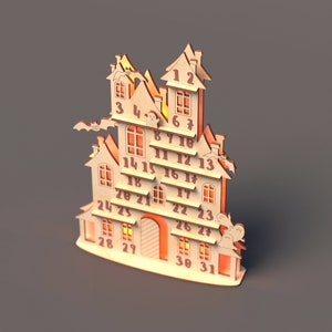 May include: A wooden Halloween advent calendar shaped like a haunted house with numbered doors and glowing windows. The calendar features bats, ghosts, and the numbers 1 through 31.