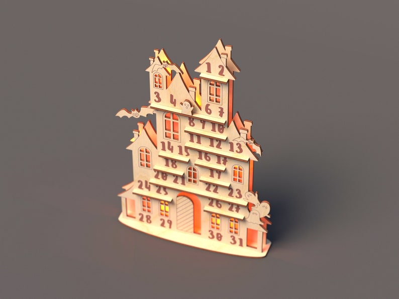 May include: A wooden Halloween advent calendar shaped like a haunted house with numbered doors and glowing windows. The calendar features bats, ghosts, and the numbers 1 through 31.