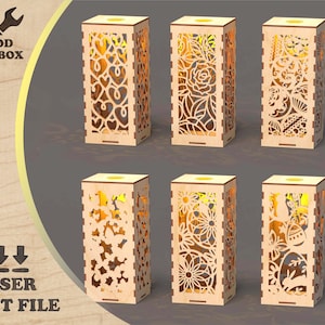 Könnte beinhalten: Sechs Kerzenhalter aus Holz, die mit einem Laser geschnitten wurden und verschiedene Designs aufweisen. Die Designs umfassen Herzen, Blumen und Ostereier. Die Kerzenhalter sind alle gleich groß und haben die gleiche Form.