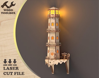 Leuchtturm Laser Cut Datei - Nachtlicht aus Holz SVG, Glowforge-Projekt für 3 mm Sperrholz, nautische Wanddekoration, DIY Lichtturm Vorlage /