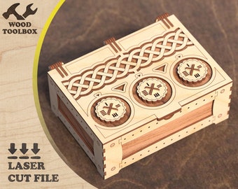 Caja fuerte con cerradura de combinación - archivos cortados con láser. Plantilla medieval de caja de madera, archivo SVG cortado con láser, archivo de caja fuerte cortado con láser, proyecto CNC