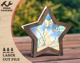 Christmas Star Night Light SVG | Wooden Layered Lightbox | Laser Cut Holiday Gift | New Year Star Lamp Template