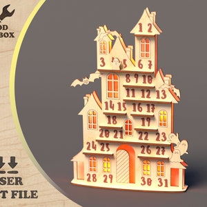 May include: A wooden Halloween advent calendar shaped like a haunted house with 31 numbered windows. The house is decorated with bats and ghosts.