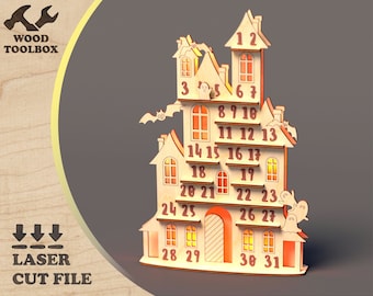 Halloween Advent calendar - laser cut files. Haunted house vector file / Halloween countdown calendar SVG / Wooden blank advent calendar