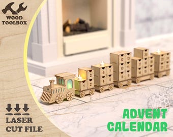 Adventskalender-Zug Laser Cut Datei | 24 Schubladen + Besondere 25er Box in Lokomotive | Weihnachts-Countdown Lightbox SVG CNC