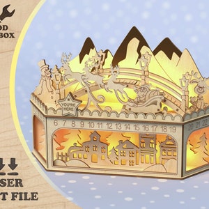 Christmas Advent Calendar - laser cut files. Days Until Christmas scene DXF, CDR, SVG. Countdown Calendar Laser Cutting,  Christmas Template