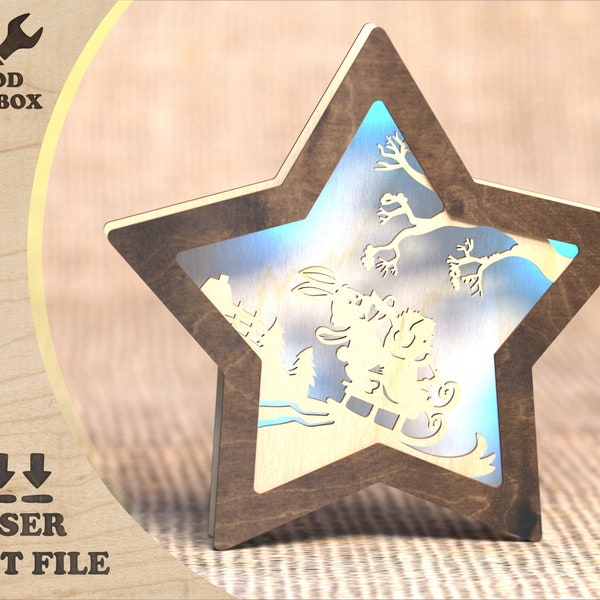 Christmas nightlight - Winter fun - laser cut files. Digital Christmas star, Christmas scene SVG / New year gift SVG - laser cut wood DXF