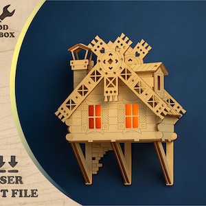 House on the wall - laser cut files. Miniature tree house. House decorations templates, Medievil building SVG, Model hanging house DXF