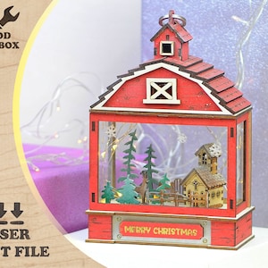 Farol navideño de granero - Archivos cortados con láser - SVG+DXF+PDF+Ai - Diseño navideño con láser - Regalo de Año Nuevo - Luz de noche de madera - Archivos CNC