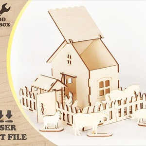 Bauernhof aus Holz - Lasercut Datei. 3D Modell Bauernhaus / DIY Kits PDF Datei / Vorlage für Holzpuzzle für Kinder / SVG Muster / Vektor-Pläne