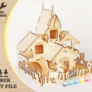 Mangiatoia per uccelli (casa della capra) - file tagliati al laser. Modello di casa colonica in legno / decorazione da giardino / modello laser casa per uccelli / modello 3D Puzzle