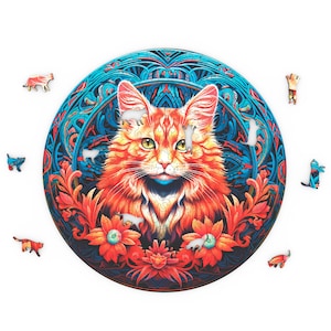 Gato - redondo 300x300- Rompecabezas - plantilla para cortes láser / rompecabezas de animales de madera SVG / juego de mesa familiar