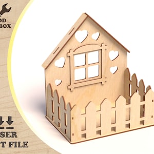 Casa com cerca - arquivos cortados a laser. Casa fofa. Design de madeira para corte a laser. Modelos em vários formatos - SVG DXF CDR