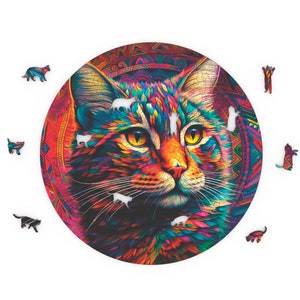 Gato - Rompecabezas - redondo 300x300 - plantilla para corte por láser e impresión uv. Patrón de rompecabezas de madera SVG CDR PDR. Rompecabezas de animales para niños