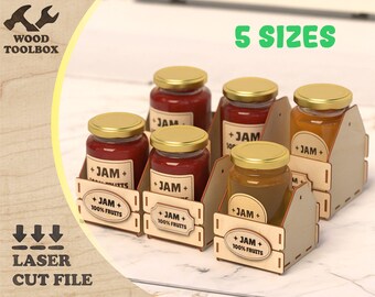 Wooden Jam Jar Holder Laser Cut File – 5 Sizes SVG Box Template, Plywood Organizer for Kitchen or Gift Packaging, Glowforge Project