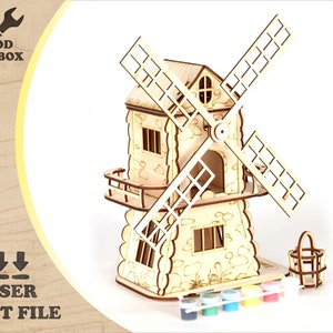 Mill house - laser cut files. Windmill Mill Model Decorative Wooden 3d Toy Plan / vector plans  / Diy kits / SVG  DXF Ai PDF