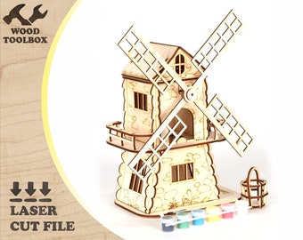 Mill house - laser cut files. Windmill Mill Model Decorative Wooden 3d Toy Plan / vector plans  / Diy kits / SVG  DXF Ai PDF