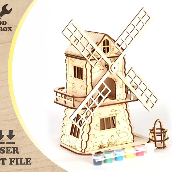 Mill house - laser cut files. Windmill Mill Model Decorative Wooden 3d Toy Plan / vector plans  / Diy kits / SVG  DXF Ai PDF