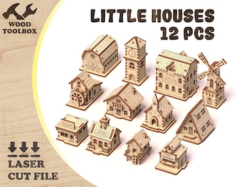 Christmas Village Laser Cut Files, 12 Miniature Houses SVG, Christmas Village Decor, Wooden Village DXF, 3mm Plywood Digital File