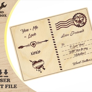 Cartolina d'amore in legno SVG / File di taglio laser per biglietto di San Valentino / Regalo romantico SVG / Modello per biglietto Glowforge / Lettera d'amore SVG