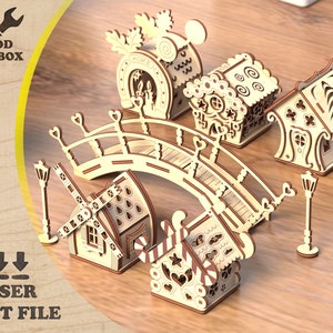 Arquivo de corte a laser de vila de madeira natalina | Casas de fadas em miniatura, ponte e moinho de vento | SVG natalino para projetos Glowforge e CNC