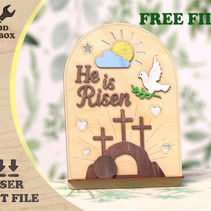 Archivo cortado con láser de Pascua "Él ha resucitado": Letrero cristiano de resurrección SVG, listo para Glowforge, decoración religiosa de madera, descarga digital
