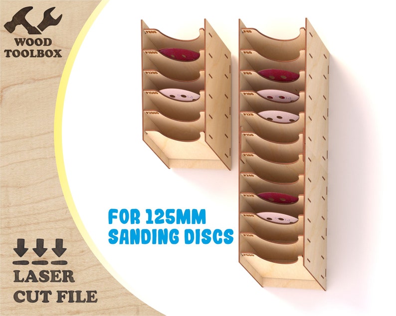 Puede incluir: Archivo de corte l&aacute;ser para un soporte de discos de lija de madera. El soporte tiene 8 ranuras para discos de lija de 125 mm. El soporte est&aacute; hecho de madera marr&oacute;n claro y tiene un fondo marr&oacute;n claro.