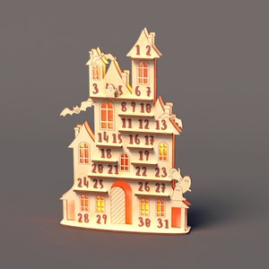 May include: A wooden Halloween advent calendar shaped like a haunted house with 31 numbered doors. The house has a tower, windows, and a door. There are ghosts and bats on the house.