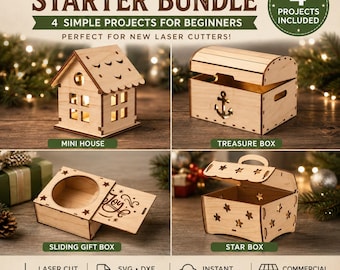 Laser Cut Starter Bundle SVG | 4 Easy Projects for Beginners | House, Treasure Chest & Gift Boxes | Dxf SVG PDF
