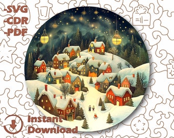 Scène de Noël - Puzzles - Fichier découpé au laser. Village de Noël - Puzzle en bois dans une boîte cadeau - 3 boîtes pour emballer les puzzles