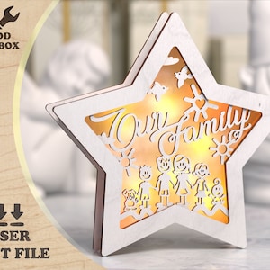 Lámpara de estrella familiar SVG/Archivo cortado con láser con niños y padres/Plantilla de caja de madera CNC DXF/Luz de noche de regalo familiar
