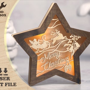 Lanterna di Natale in legno a forma di stella / Lightbox SVG / Luce notturna tagliata al laser / Decorazione natalizia / Regalo di Capodanno / Progetto fai da te luminoso