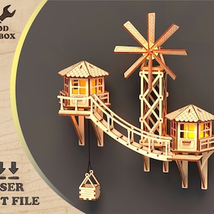 Decorazione della parete della casa - file tagliato al laser. Modello di casa da parete con retroilluminazione. Modello SVG DXF versione in miniatura di una casa sull'albero con un mulino a vento