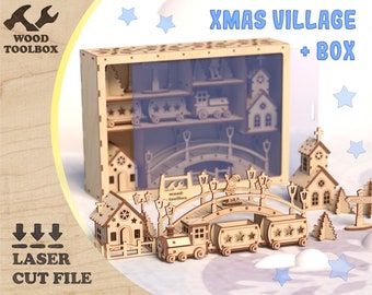 Christmas Village with gift box - laser cut files. Laser cut pattern. Christmas scene with train. Christmas template in multiple formats