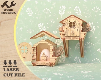 Easter Chicken Coop and Hanging House - Easter laser files. Easter digital download SVG / Easter eggs stands DXF / Easter house CDR