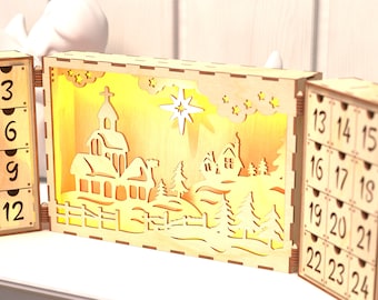 Calendrier de l'Avent livre en bois : scène de Noël, fichiers découpés au laser (SVG, CDR, DXF)