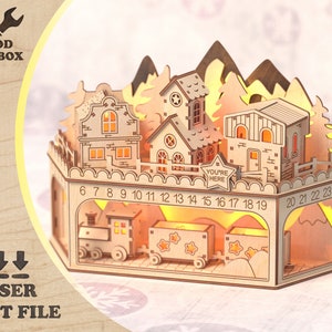 Calendario de Adviento de Navidad - Escena navideña - Archivos cortados con láser. Plantilla de calendario de Adviento de madera con tren navideño para cortar y grabar con láser