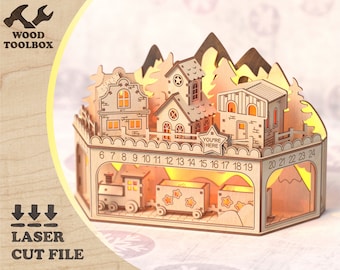 "- Adventskalender - Motive ""Weihnachten"" - Lasercut-Dateien." Vorlage Adventskalender aus Holz mit Weihnachtszug zum Laserschneiden und Gravieren