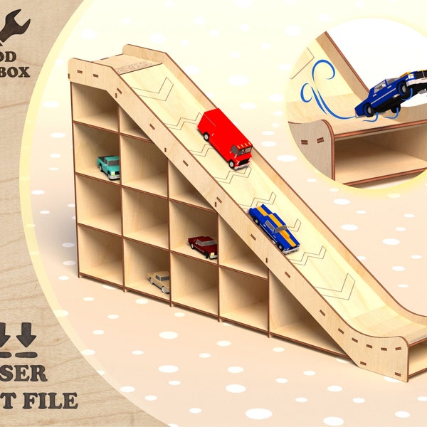 Rampa de salto con garaje para coches de juguete para juegos infantiles (archivos de corte láser SVG, DXF, planos vectoriales para CNC, patrón CDR)