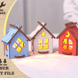 Mini Light-Up Christmas Houses – Laser Cut File | Led Tea Light SVG DXF | Wooden Holiday Decor | DIY Village Cottage Set