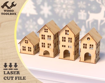 Arquivos de Casas de Natal de Madeira Recortados a Laser – Conjunto de 4 Lanternas Escandinavas | Arquivos Glowforge SVG DXF para Decoração de Vila de Inverno