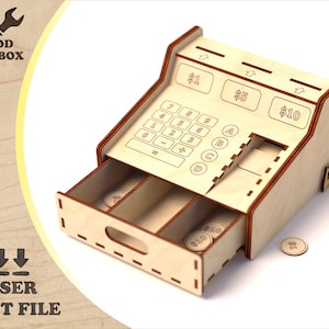 Geldkassette für Rollenspiele - Lasercut-Dateien. Laser geschnitten Spielzeugdateien, Laser-Bildung SVG, Laserschnitt DXF AI Montessori Spielzeugdateien