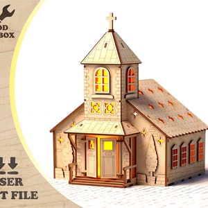 Drewniany Kościół - pliki cięte laserowo. Drewniany dom cięty laserowo / małe domy cnc / wektor 3d cięcie laserowe domu / mdf laser SVG DXF Ai CDR