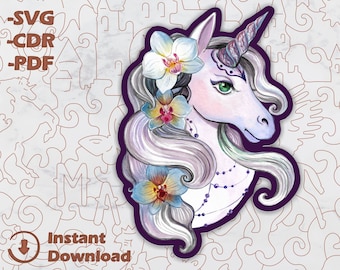 Unicornio - Rompecabezas - archivos cortados por láser / Rompecabezas de formas de animales, Rompecabezas de regalo, Rompecabezas de madera coloridos en forma de gato, Patrones para corte por láser