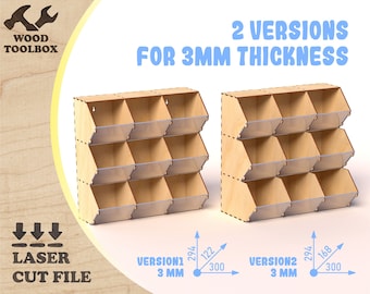 May include: Two wooden storage organizers with clear angled fronts, designed for 3mm thickness. The image includes the text "2 VERSIONS FOR 3MM THICKNESS" and "LASER CUT FILE". Version 1 dimensions are 122 x 300 x 294 mm. Version 2 dimensions are 168 x 300 x 294 mm.
