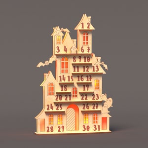May include: A wooden Halloween advent calendar shaped like a haunted house with numbers 1 through 31. The house has windows with orange lights behind them and bats and ghosts on the roof.