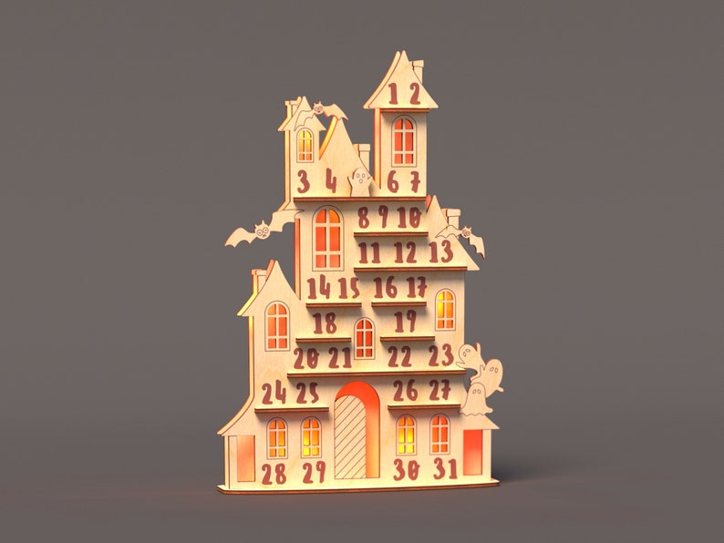 May include: A wooden Halloween advent calendar shaped like a haunted house with numbers 1 through 31. The house has windows with orange lights behind them and bats and ghosts on the roof.