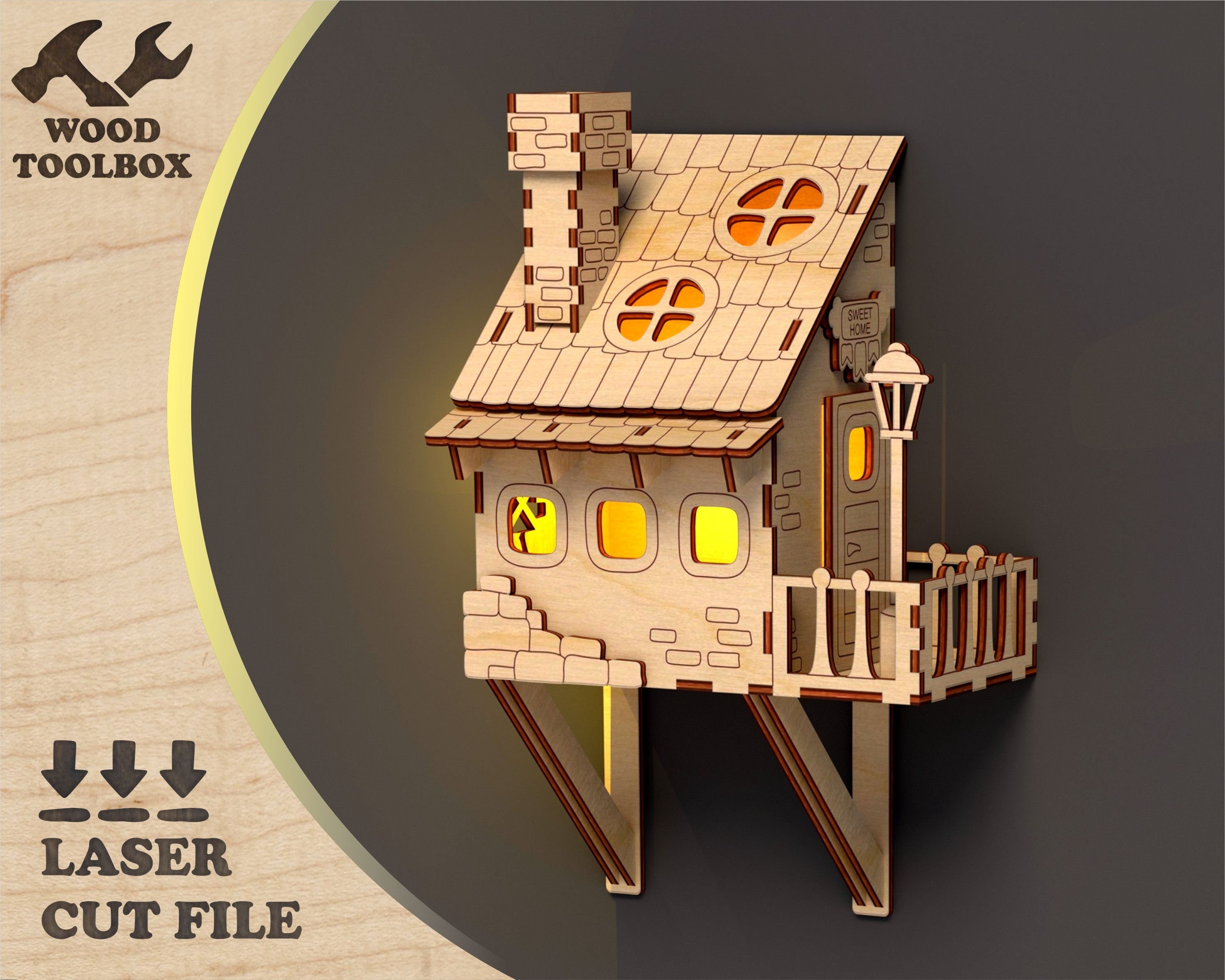 Haus an der Wand - Lasercut Datei. Muster Waldhütte auf einem Baum, Holzhaus Laser geschnitten Nachtlicht Lampe mdf Laser SVG DXF Ai CDR
